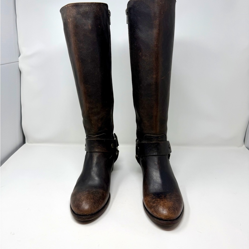 Women’s Frye Dark Brown Leather Heeled Phillip Harness Moto Riding Boots